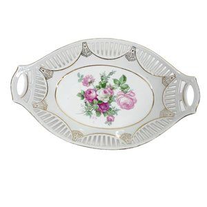 Vintage Oval Easter Bread Basket Reticulated Dish Germany Rose Shabby Cottage